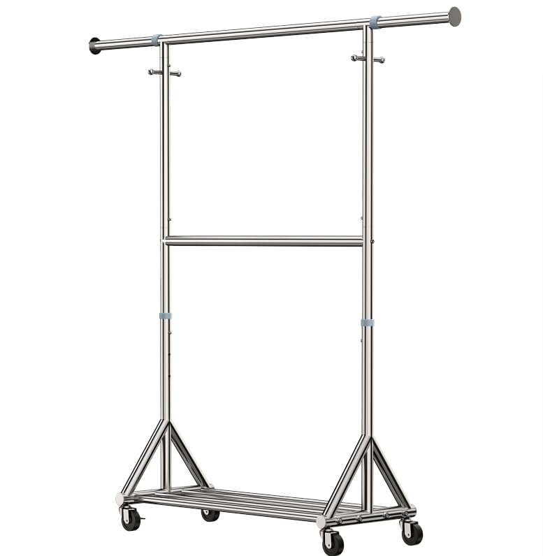 Heavy Duty Double Rods Clothes Rack Load 860LBS, Adjustable Portable Clothing Racks for Hanging Clothes, Rolling Garment Rack With Wheels Shelf, Sturdy Freestanding Closet Rack, 100% Stainless Steel