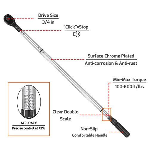 Image of 3 /4-Inch Drive Click Torque Wrench (100-600ft.lb / 135-815Nm) Dual-Direction Adjustable Torque Wrench Set