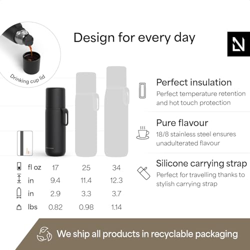 Image of LARS NYSOM Stainless Steel Thermo Water Bottle - Double Wall Insulated Water Bottle with Cup & Carry Strap, Leakproof Metal Bottle for Travel, Office & Outdoor (Carbon Black, 17oz)