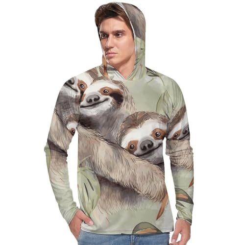 Men's Sun Shirts UPF 50+ Rash Guard Long Sleeve Sun Protection Hoodie Watercolor Sloth Lightweight Shirt 3XL White2