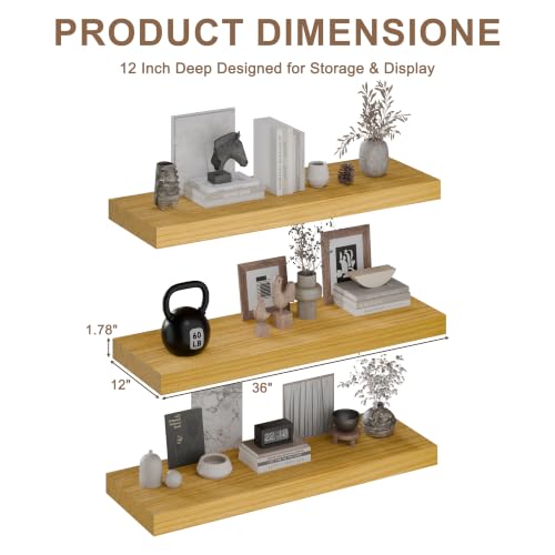 Image of 36-Inch Floating Shelves, Set of 3 Wall Mounted Storage Ledges, 12-Inch Deep Extra-Thick Solid Paulownia Wood Shelving for Kitchen, Living Room, Bedroom & Bathroom, Natural Clear Finish