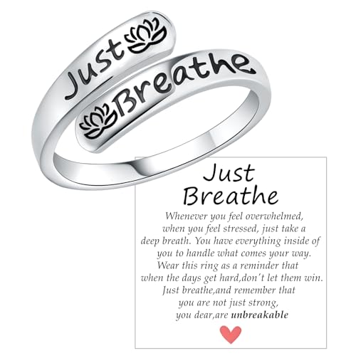 925 Sterling Silver Lotus Just Breathe Ring for Women Adjustable Hope Inspirational Jewelry Encouragement Gifts