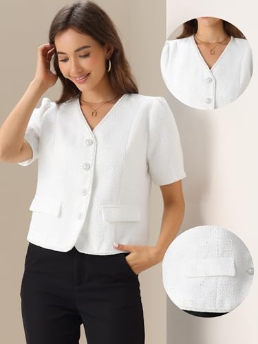 Allegra K Cropped Blazer for Women's Tweed Collarless Short Sleeve Blazer Jacket2
