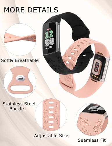 TOYOUTHS 3 Packs Floral Engraved Compatible with Fitbit Charge 5/Charge 6 Strap for Women Soft Waterproof Silicone Sport Band with Cute Dandelion Flower Pattern - Image 4