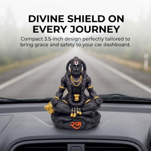 Image of Golden Legacy Meditating Black and Gold Hanuman Idol - 3.25 Inch Divine Seated Bajrangbali Murti with Gada for Car Dashboard, Home Mandir, Office Desk - Auspicious Vastu Showpiece and Spiritual Gift