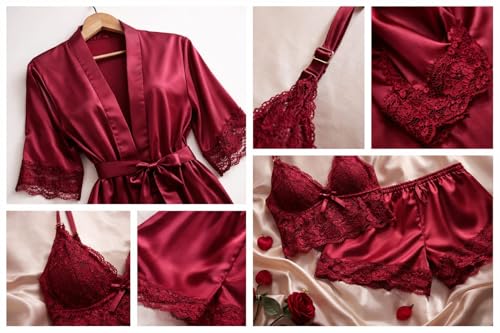 Image of Women's Satin 3-Piece Lingerie Set, Lace Cami, Shorts and Robe, Burgundy