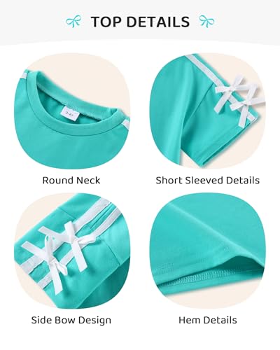 SOLOYEE Girl Clothes 5T 6T Toddler Girls Summer Outfits White Bows Short Sleeved Top + Shorts Cute 2 Piece Clothing Set for Little Girls (Lake Green, 5-6 Years) — view 5