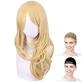 CaseEden コスプレ ウィッグ ロング ウェーブヘア 60cm 耐熱 ゴールド ブロンド 金髪 ウィッグネット2個セット