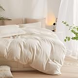 LifeTB Cream White Duvet Cover Full Size Washed Microfiber Off Bedding Sets Simple Style Ivory Comforter with Zipper Closure Solid 2 Pillowcases, Full(80''x90'')