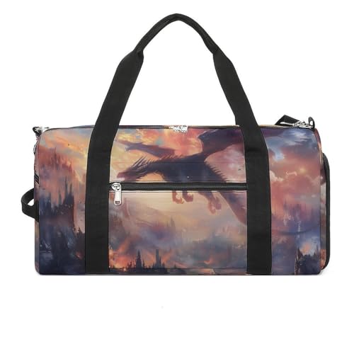 Black Dragon Flying Burning Trees Gym Sport Bag Travel Duffel Bags Tote with Shoe Compartment Water Resistant Pouch Unisex
