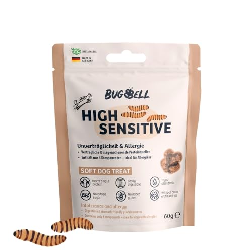 BugBell Hypoallergener Snack für Hunde 60g, Nur Vier Komponenten, Sensitive, Magenschonend, Schonkost für Hunde, für Allergikerhunde, Insekten Snacks bei Ausschlussdiäten