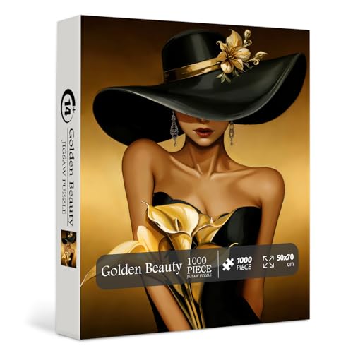 PICKFORU Golden Beauty Jigsaw Puzzle 1000 Pieces for Adults, Vintage Elegant Lady Jigsaw Puzzle Floral, Impossible Challenging Beauty Flower Woman Theme as Home Decor
