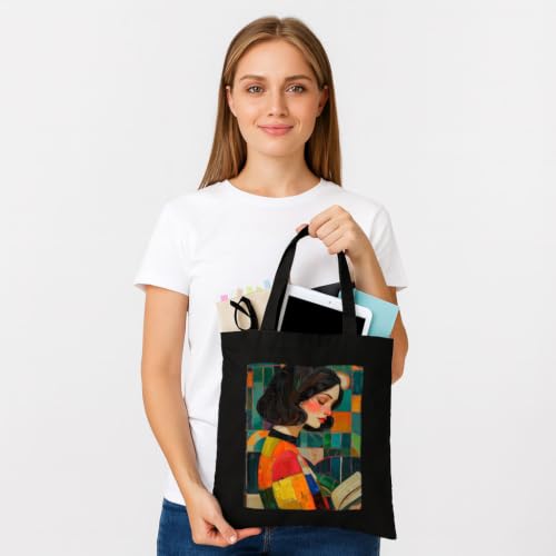Image of Black Tote Bag With Pocket Printed Designed Canvas Tote Bags For Women large capacity,Tote bag For Shopping, College, Travel, More Canvas Handbag For Unisex Bag