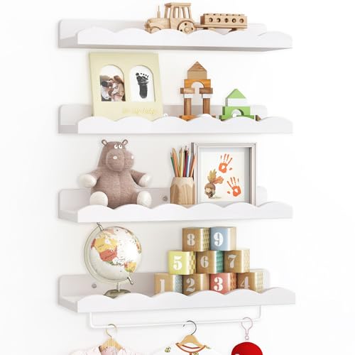 Fixwal Nursery Shelves, 16.5 Inch Floating Bookshelves for Wall Set of 4, Scalloped Wall Book Shelves with Towel Rack for Kids, Toddler Room, Baby...
