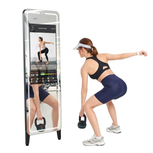 QIXZOCV Smart Fitness Mirror, 32 Inch HD Touchscreen, 63 Inch Full-Length Workout Mirror, Android 12, RGB Music Sync, Wall Mount/Stand