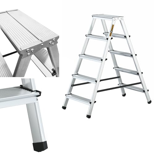 DRABEST Klappleiter Klapptritt Alu Leiter 2 x 5 Stufen Trittleiter Beidseitig Mehrzweckleiter bis 125 kg Belastbar Leiter