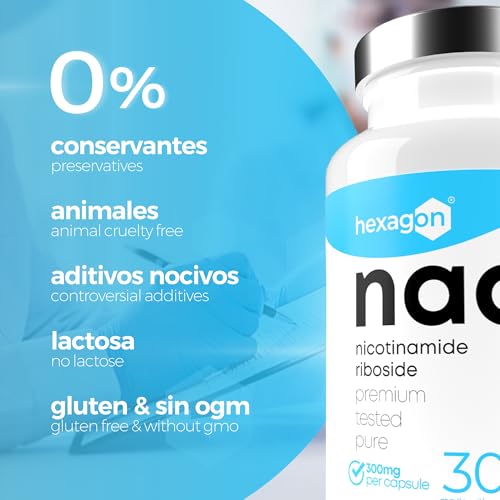 NAD+ Nicotinamide Riboside Chloride 300mg - +1 Mes de Cura - Contra la Edad y la Fatiga, NAD Booster - Polvo Puro, 30 Cápsulas - Grado Farmacéutico - Vegano - Hexagon