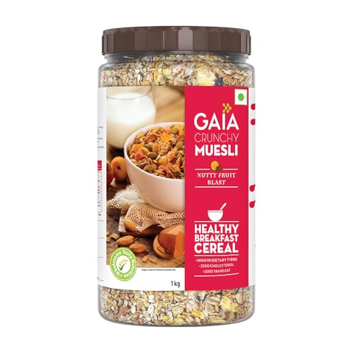 Image of GAIA Nutty Fruit Blast Crunchy Muesli 1 kg jar - Blend of Multigrains, Nuts, Oats and Cornflakes The Ultimate Healthy and Delicious Breakfast Cereals.
