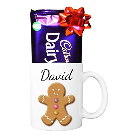 Personalised Christmas Mug with Cadbury's Milk Chocolate Bar, (11oz) White Mug with Name on Gingerbread Man Print Design Novelty Coffee Cup Present Cover
