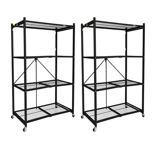 Image of Origami 2 Pack 4 Tier Foldable Metal Garage Storage Shelf Rack, Wheels & Powder Coated Steel, Black