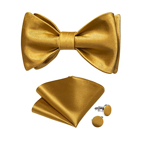 DiBanGu Gold Solid Color Bowtie For Men Woven Satin Self Bow Ties and Pocket Square Cufflinks Set for Men Tuxedo Wedding Party