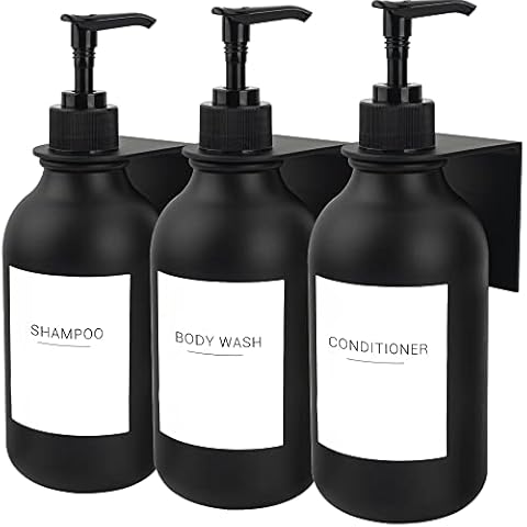 Ezebesta Pack of 3 Black 16.9oz Drill-Free Wall-Mounted Soap Lotion Pump Dispensers with 22 Labels and 3 Wall-Mounted Rack Bathroom Organization Cover