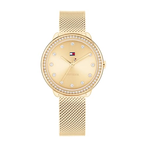 Tommy Hilfiger Uhr mit DREI-Zeiger-Quarzwerkfür Damen mit Goldfarben Edelstahl-Mesh-Gliederarmband - 1782699