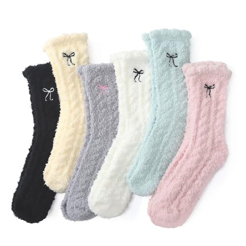 Jspupifip 6 Pairs Women Bow Fuzzy Socks Fluffy Cozy Soft Slipper Sock Warm Winter Thick Home Sleeping
