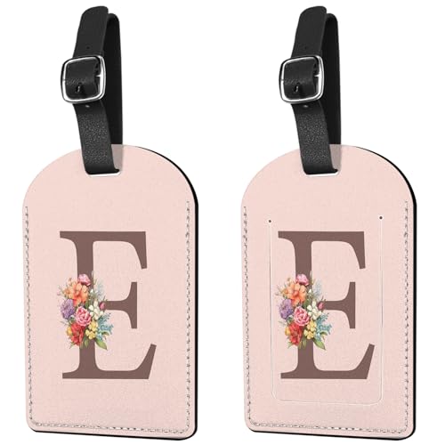 Deokke 2 Pack Luggage Tag Suitcase Tags Initial Letter Monogram PU Leather Cover Aesthetic Cute Monogrammed Travel Bag Labels for Women Girls Men (E)