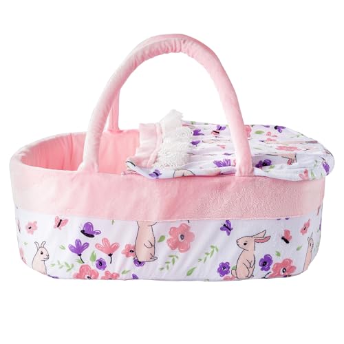 Babeside KSPJ502-CP Reborn Baby Doll Bassinet Foldable With Removable Lid Rabbit Pattern Baby Doll Crib Bed Soft Doll Carrier Doll Accessories With Handle For 17-22 Inch Baby Dolls Girls Boys cover