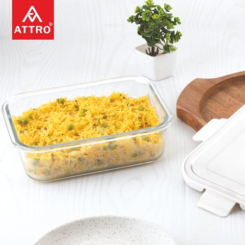 Image of ATTRO Glassox Borosilicate Rectangular Glass Lunch Box with Stainless Steel Lid Food Storage Container Microwave & Freezer Safe BPA-Free Food-Grade 1520ml, Transparent
