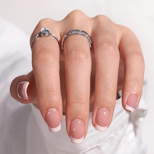 YHOME Short Fake Nails 24pcs French Tip Press On Nails Square Nude Pink Press On Nails Short Full Cover Design Nails Press Ons False Nails for Women and Girls for Nail Art Manicure Decoration