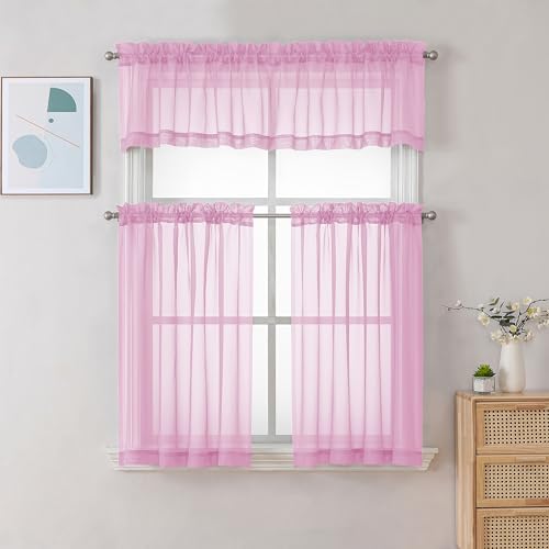 Image of Chyhomenyc Sheer Valances for Windows 2 Pack, Small Window Curtains for Living Room Bathroom Cafe Laundry Basement, Modern Top Dual Rod Pocket Voile Curtain, 42W x 18L inches, Pink