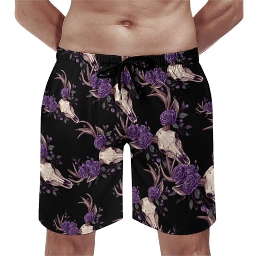 Deer Animal Skull with Floral Men's Swim Trunks Quick Dry Board Shorts Hawaiian Beach Shorts With Pocket