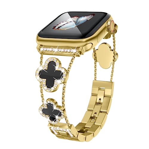 Image of Musk-MSKR Diamond Metal Bands Add Sparkle to Your Watch For Apple Watch Series 11 /10 /9 /8 /7 /6 /5 /4 /3 /2 /SE /Ultra Clover Simple and Stylish Compatible with 38mm40mm41mm42mm44mm45mm 46mm49mm Women's Wear