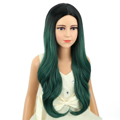 Image of Black and Green Wig Long Black and Green Middle Part Wig Long Wavy Curly Wigs Heat Resistant Synthetic Wigs for Daily Party Use