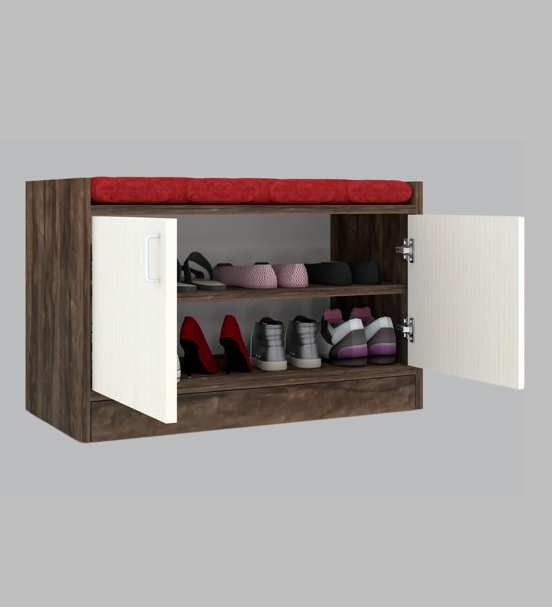 Image of SPECIALITY PANELS 2 Door Shoe Rack with Cushion, DIY Assembly, Brown and White, 75x49x37.5 cm