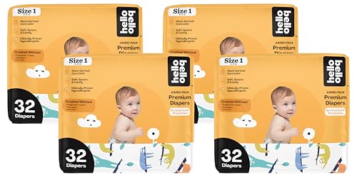 Image of Hello Bello Premium Baby Diapers Size 1 I 32 Count of Disposable, Extra-Absorbent, Hypoallergenic Baby Diapers with Snug and Comfort Fit I Sleepy Sloth (Pack of 4)