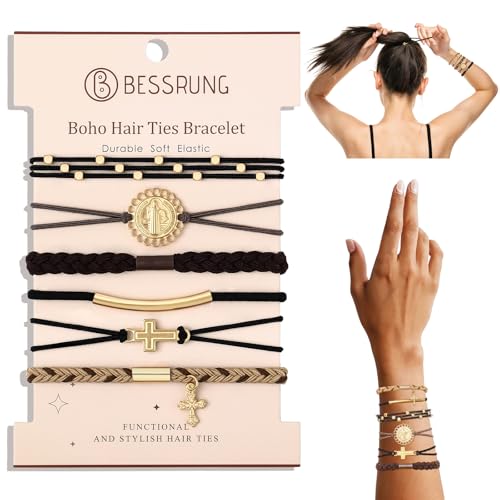 6 Pcs Boho Hair Tie Bracelets for Women | 6 Styles Cross & Jesus Stretchy No-Pull Elastic Hair Ties for Fine & Thick Hair, No Damage Hair Bands for Ponytail Holders Valentine's Day Gift
