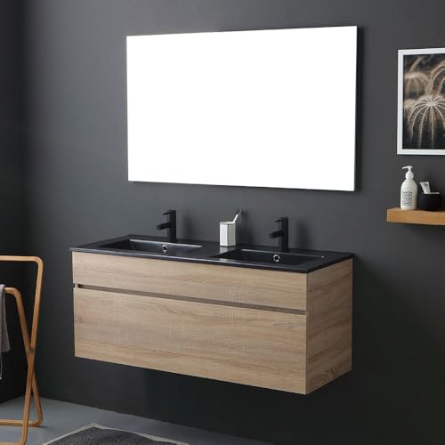 Kiamami Valentina - Meuble de Salle de Bain Mobile 120 cm en chêne Naturel avec Double lavabo Noir Mat | Soleil