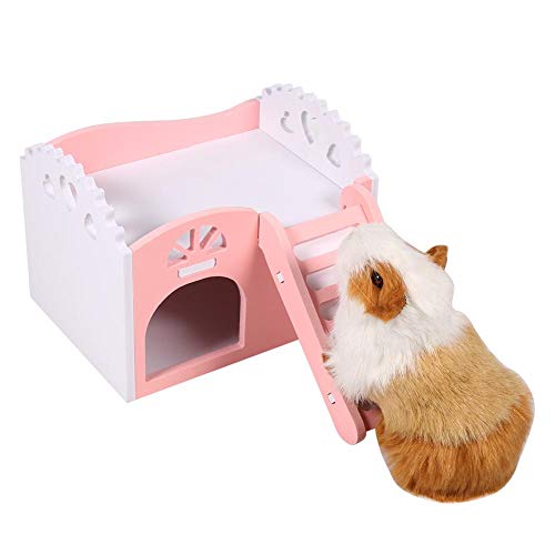 Guinea Pig House Wooden Castle with Stairs, 2-Tier Hideout for Hamsters Chinchillas and Small Pets, Wood-Plastic Composite, Pink - Image 2