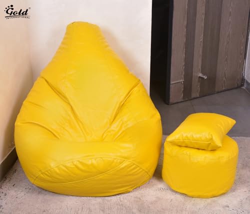 Image of Gold 3XL Bean Bag Combo with Footstool & Cushion | Faux Leather Teardrop Bean Bag for Adults & Teens | Pre-Filled with Beans | Home, Bedroom, Living Room, Office (3XL - Yellow)