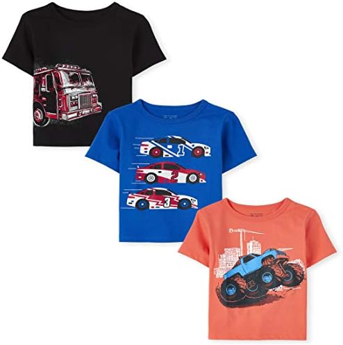 The Children's Place Baby Toddler Boys Short Sleeve Multi Color Graphic T-Shirt, 3 Pack, Firetruck/Racecar/Monster Truck, 4T