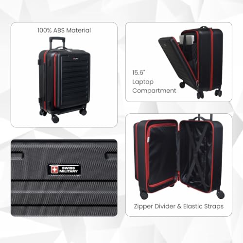 Image of Swiss Military PRIMUSPLUS Laptop Trolley Bag 55cm Cabin Suitcase, Lightweight ABS, 15.6 inch Laptop Slot, 360 Wheels, Push-button Telescopic handle, enhanced security, Business Travel Luggage (52L) Black