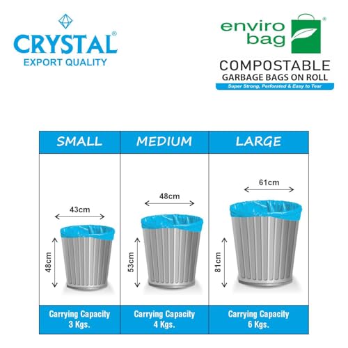 Image of Crystal 100% Compostable Garbage Bags | Small (S) | 45 Counts | 15 Bags X 3 Packs | 17 x 19 Inches | Strong and Durable | For Dry and Wet Waste, Blue