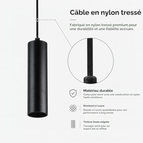 Alpinaluz Suspension tubulaire de plafond en aluminium 20 cm – Design moderne minimaliste, douille GU10, câble textile réglable 120 cm (Lot de 2 Noir) – vue 5