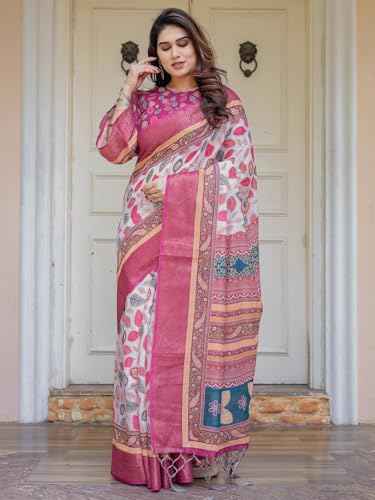 Image of ALMAARI FASHION Floral Printed Cotton Saree for Women with Handloom Zari Weave, Traditional Lightweight Ethnic Saree for Wedding Festive Office Party with Blouse Piece (LINEN 81-90 SH)