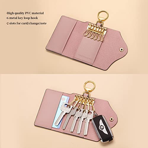 Golf Supags Women Pvc Leather Car Key Chain Card Holder Wallet Pouch 6 Hook Snap Closure Keys Money Organizer Case (Shaded Ice×Smoky Pink) #TOP1