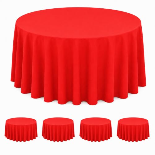 Image of WNINK 4 Pack Red Round Tablecloth, 84 Inch Disposable Plastic Table Covers, Red Round Table Cover for Birthday Parties, Holiday, Picnic, BBQ, Family Gathering Party Supplies