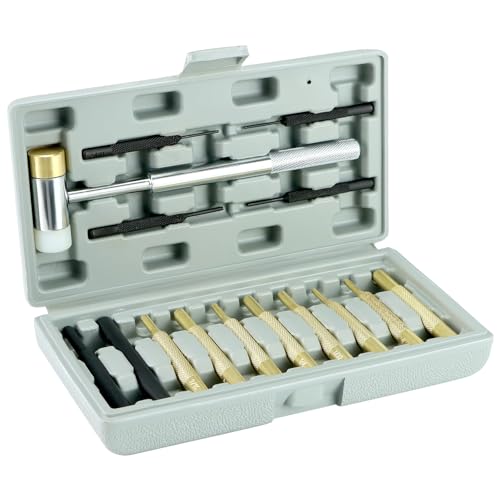 QWORK Hammer and Punch Set - Chrome Plated Steel Hammer with Nylon & Brass Heads Assorted Brass Steel & Nylon Punches Molded Plastic Storage Case